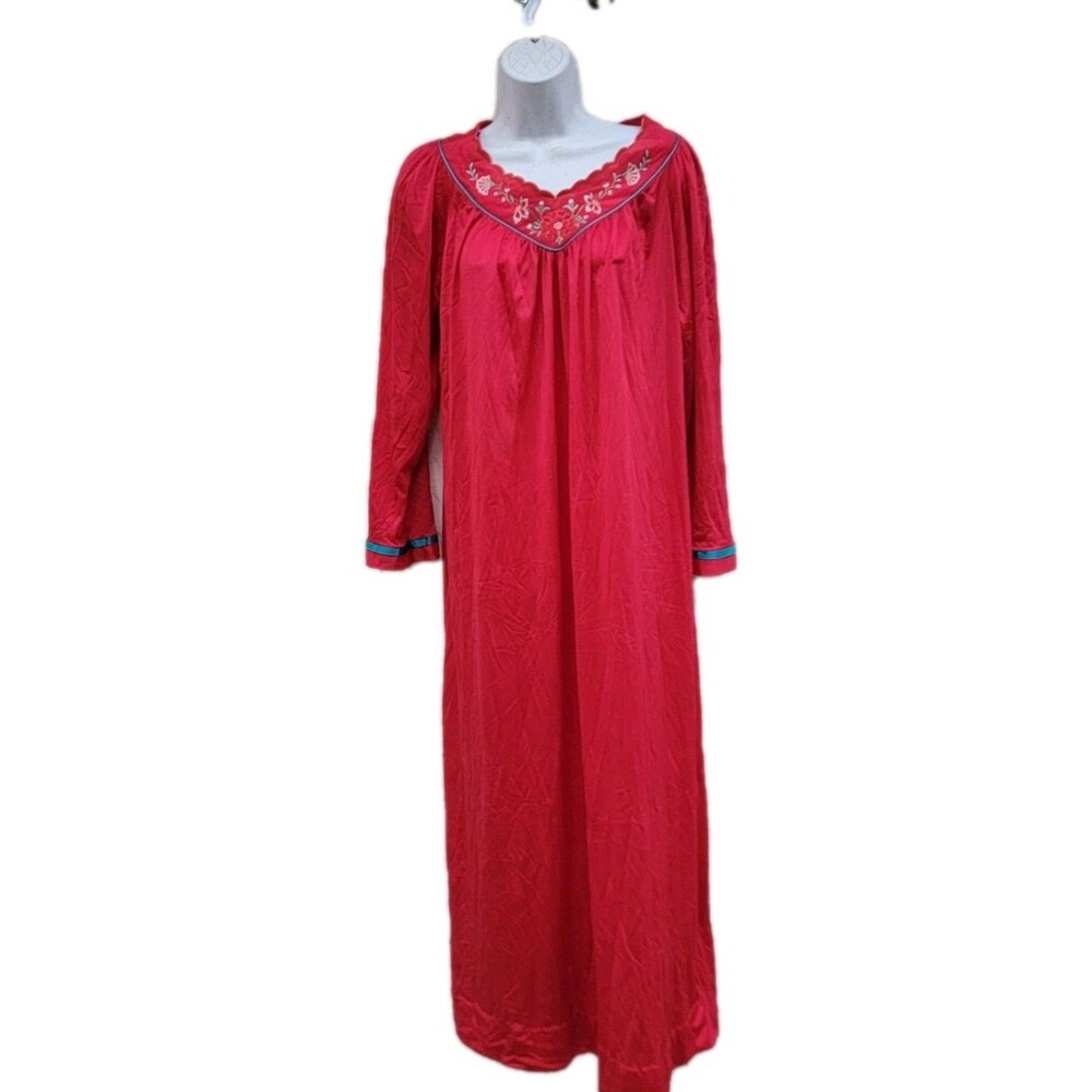 VTG Shadowline Full Length Gown Red Sz S Long Sleeve Maxi Nightgown Cottagecore
